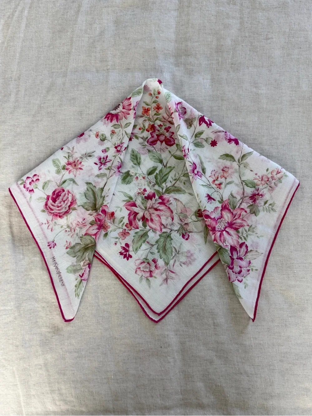 Vintage YSL Romantic Pink Floral Rose Cotton Bandana Scarf Made in Japan - Picture 6 of 9